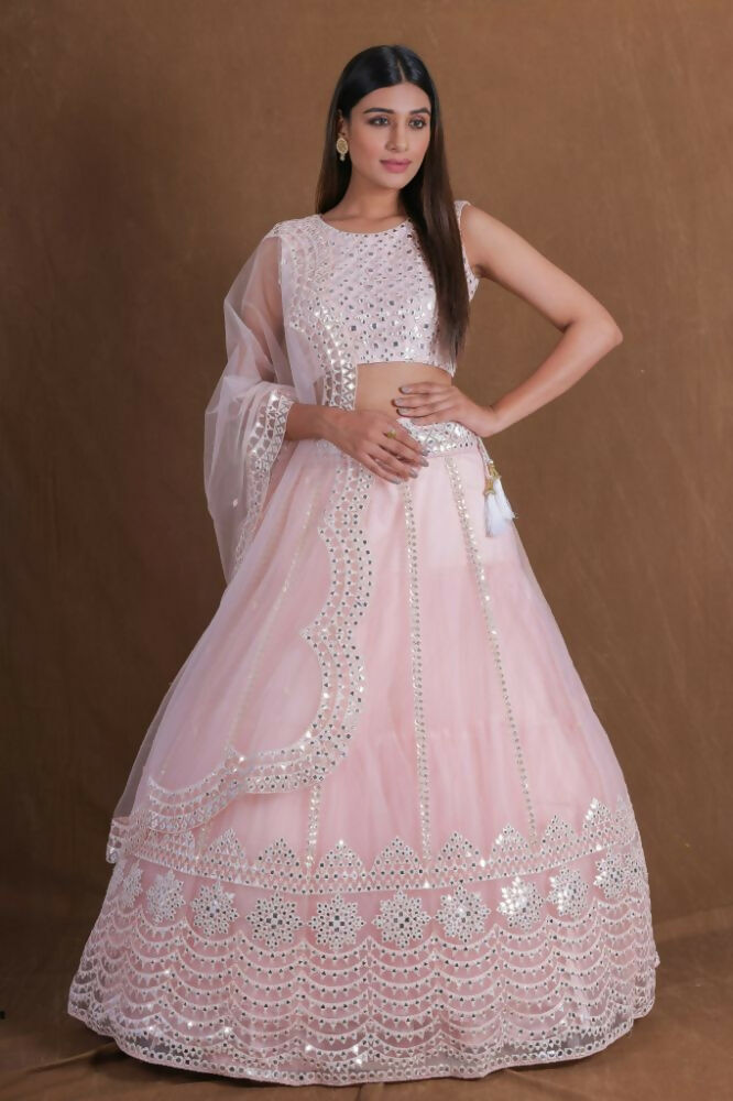 Pink Zari Foil Mirror Embroidery Work Lehenga Choli With Dupatta - Jihu Culture | Grocsy