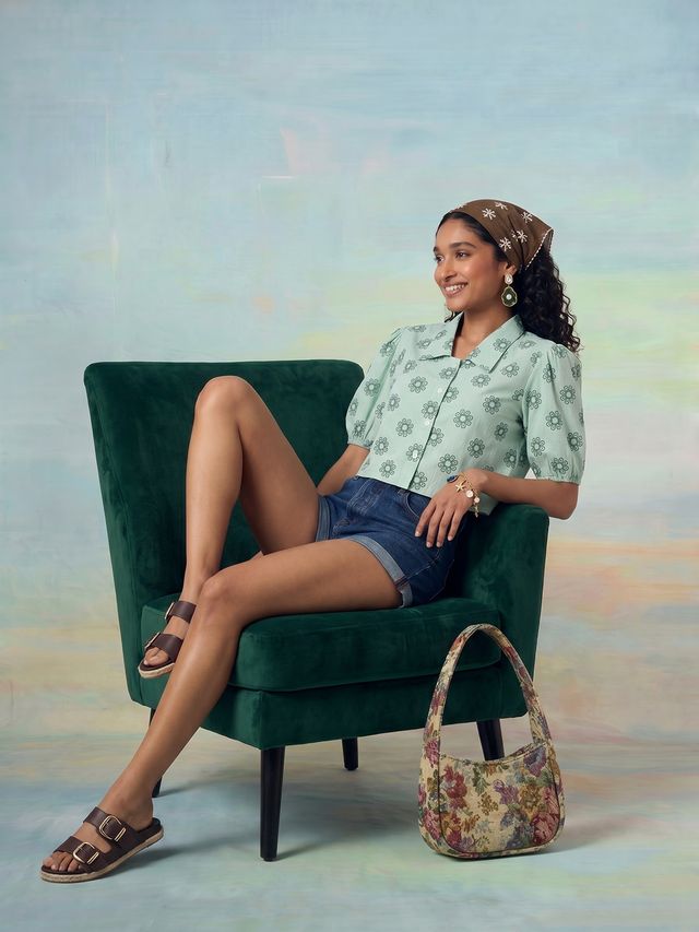 Janasya Sea Green Crop Cotton Top | Grocsy