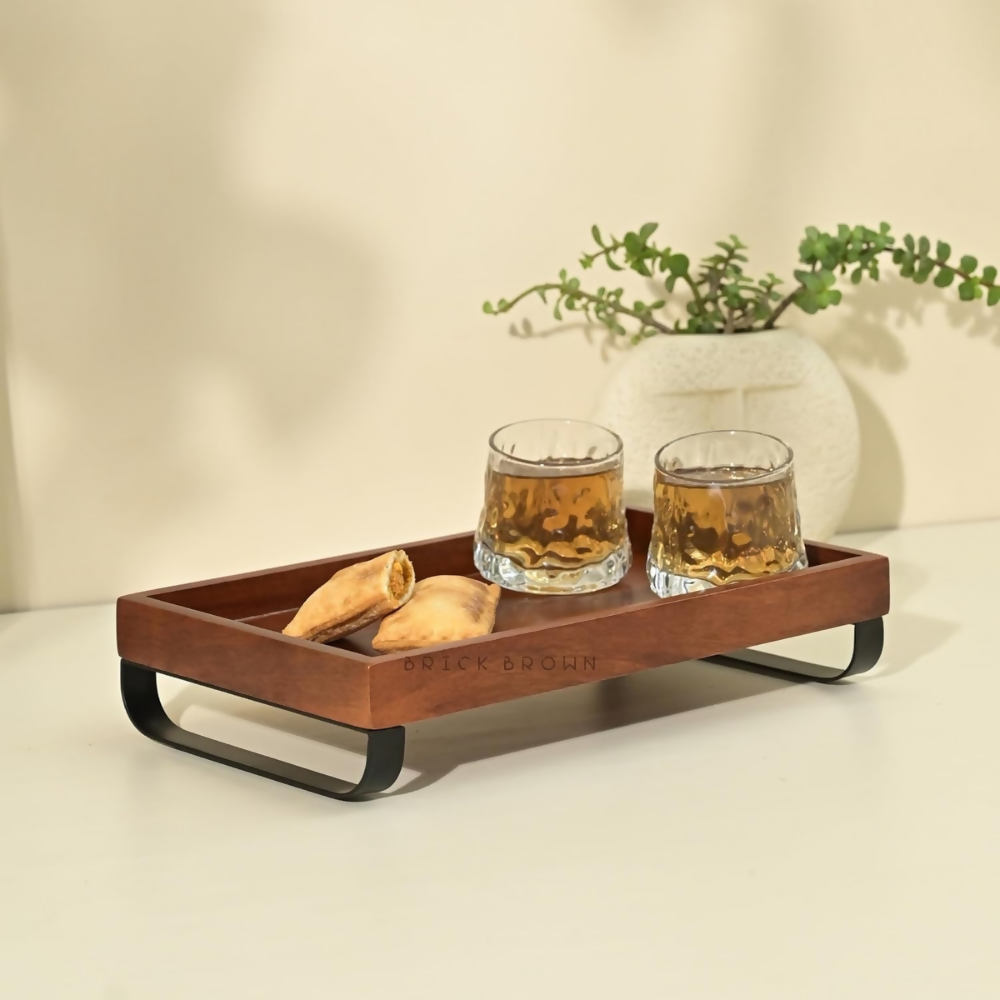 Brick Brown Premium Wooden Serving Tray/Platter with Black Metal Stand | Grocsy