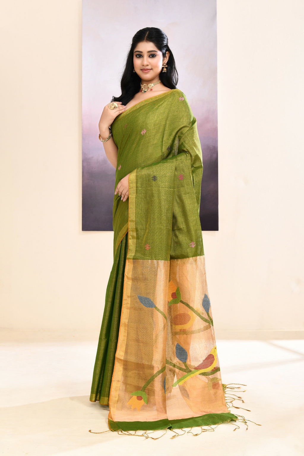 Piyari Fashion Women's Olive Embellished Tissue Jamdani Saree | Grocsy