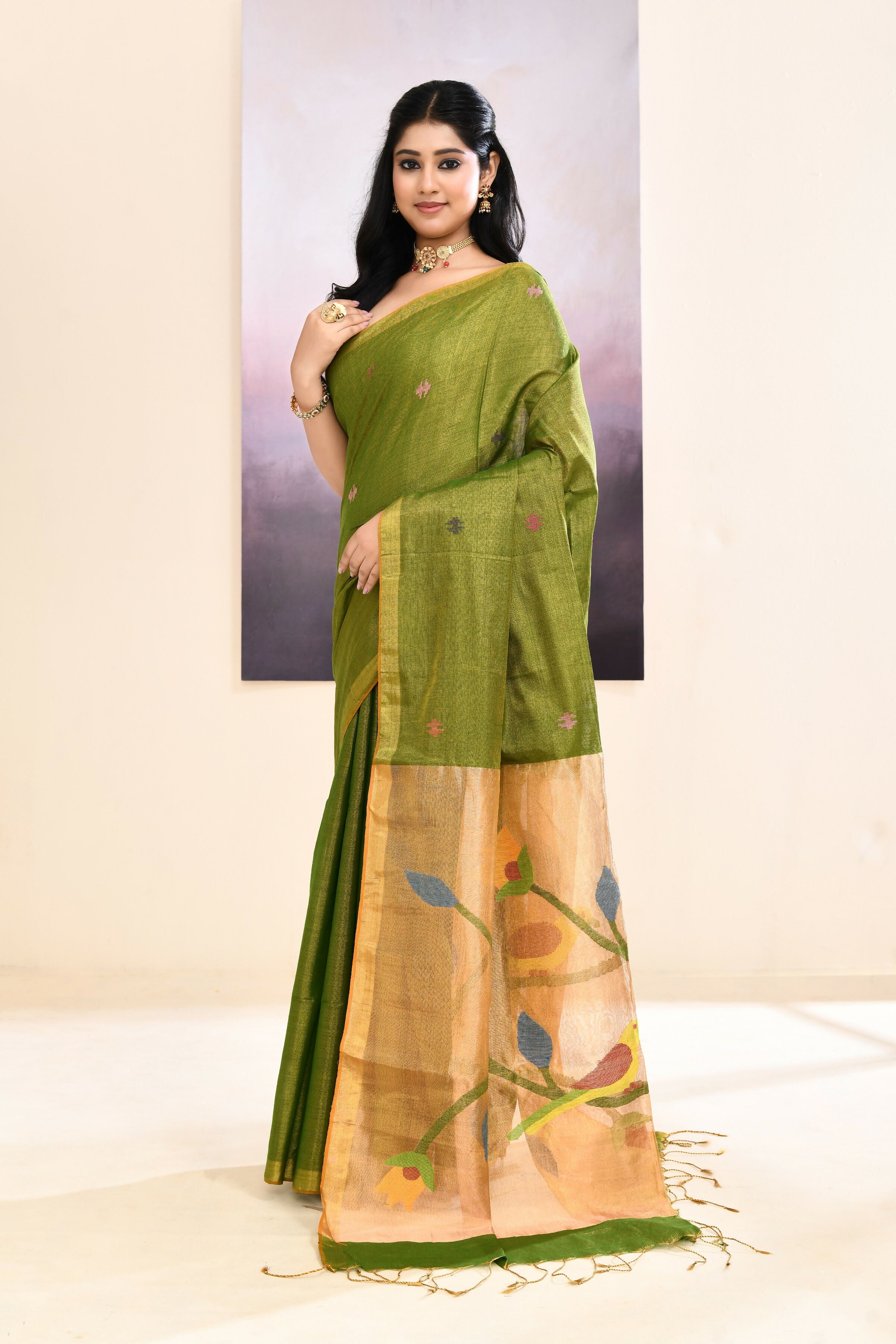 Piyari Fashion Women's Olive Embellished Tissue Jamdani Saree | Grocsy