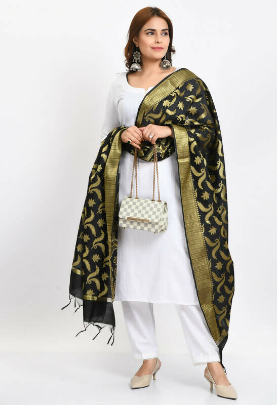 Mominos Fashion Moeza Women's Banarsi Silk Floral Woven Design Black Dupatta | Grocsy