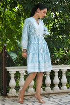Juniper Women's Skyblue Rayon Floral Printed Short Tiered Dress | Grocsy