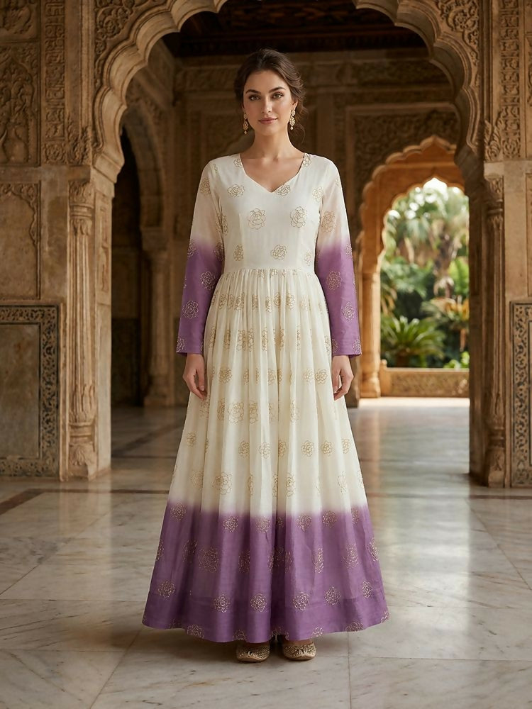 Teeya Creation Lavendar and White Gradient Anarkali Gown with Gold Floral Motifs | Grocsy