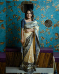 DEIANA'S Beautiful Designer Golden zari Soft Lichi Silk Saree - White | Grocsy