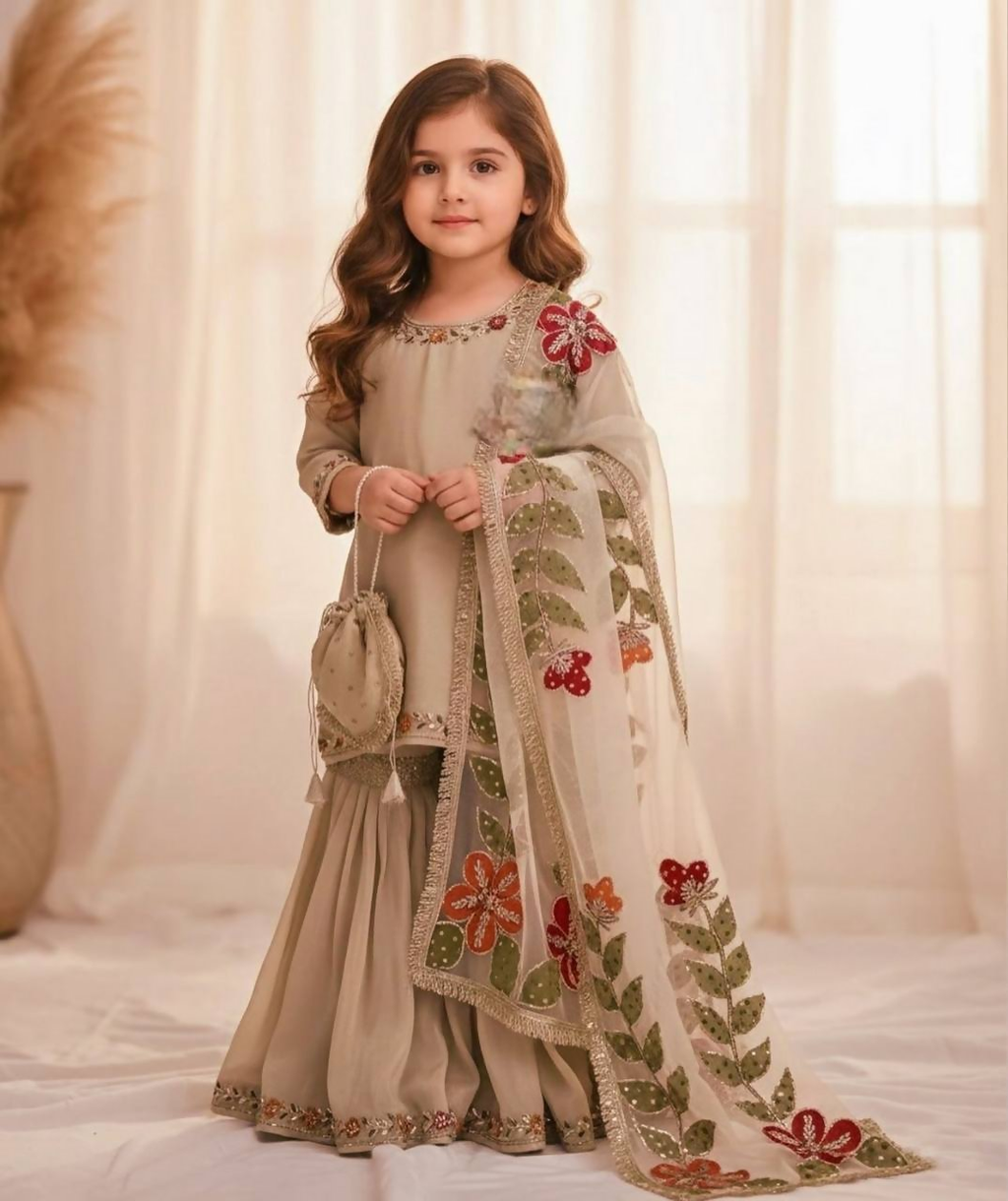 Teeya Creation New Kids Wedding Wear Heavy Embroidery Sequence Work Kurta Sharara Set-Beige | Grocsy