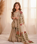 Teeya Creation New Kids Wedding Wear Heavy Embroidery Sequence Work Kurta Sharara Set-Beige | Grocsy