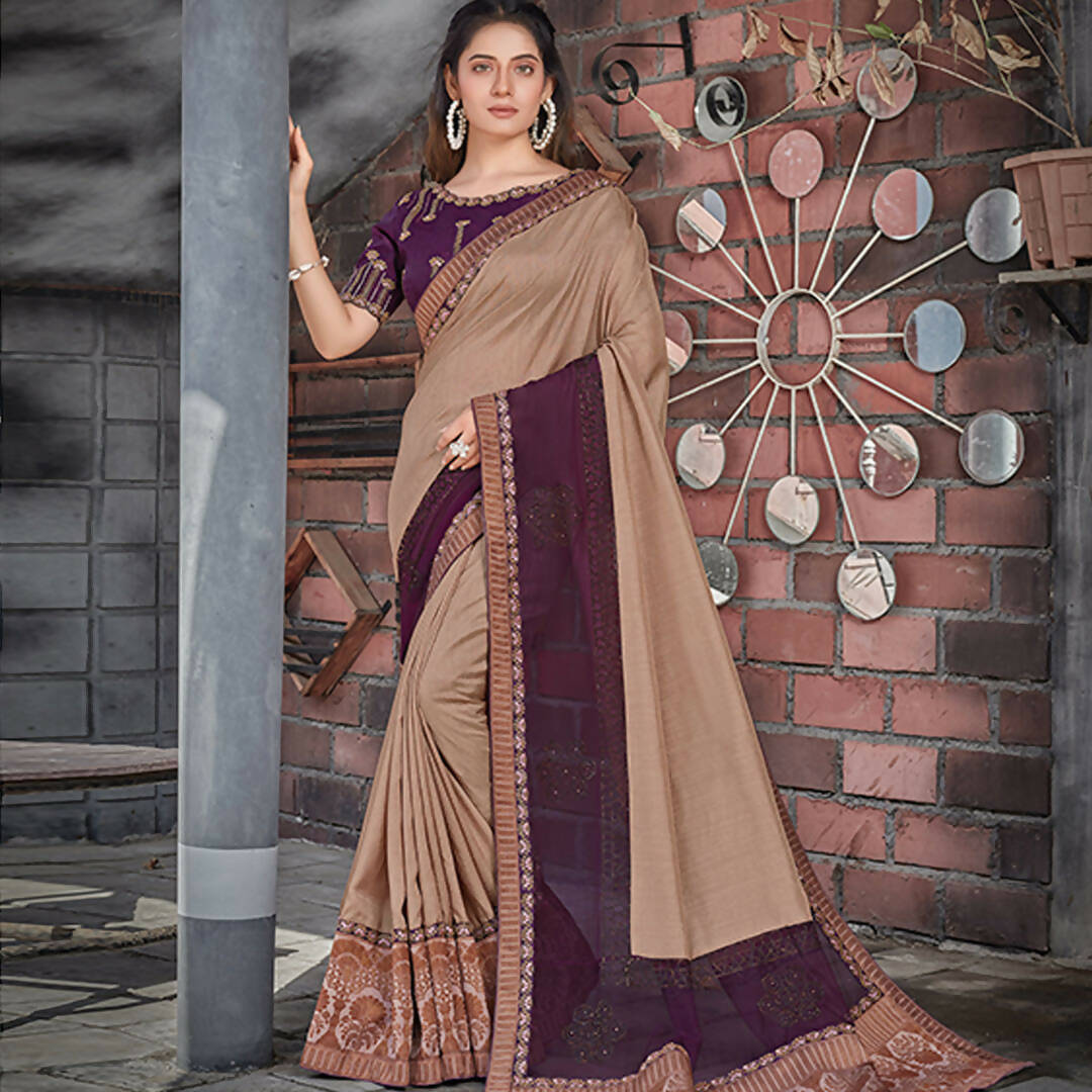 Beige, Purple Colored Tussar Silk Embroidered Saree With Blouse - Norita Royal Adveka | Grocsy