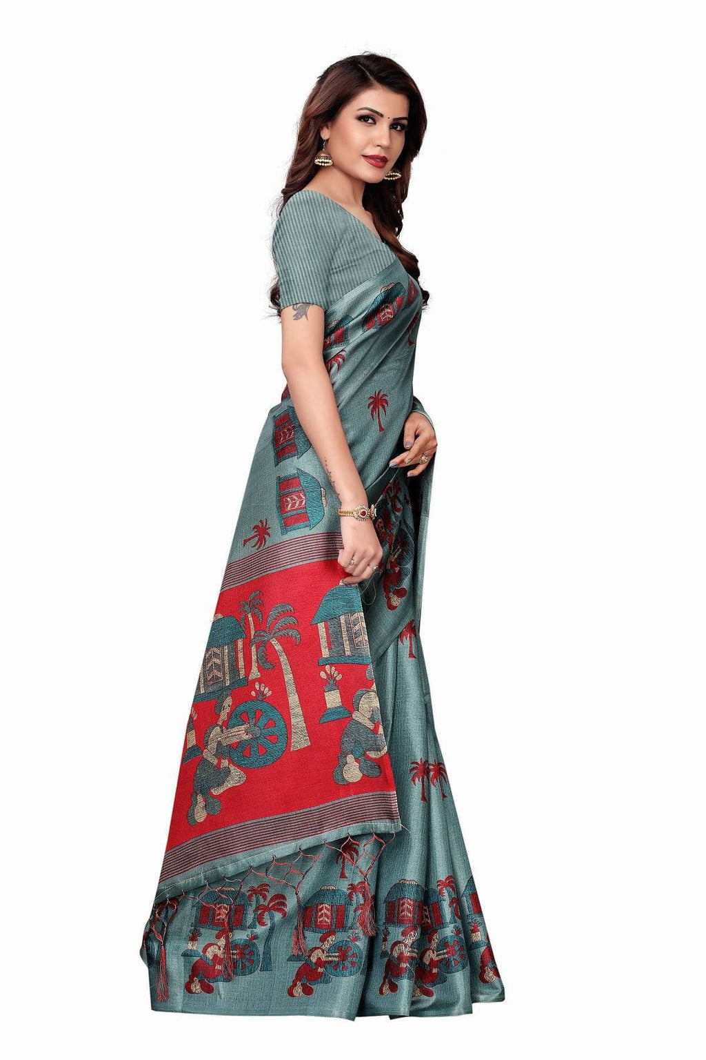 Vamika Sea Green Kalamkari With Jhalar Khadi Silk Saree | Grocsy