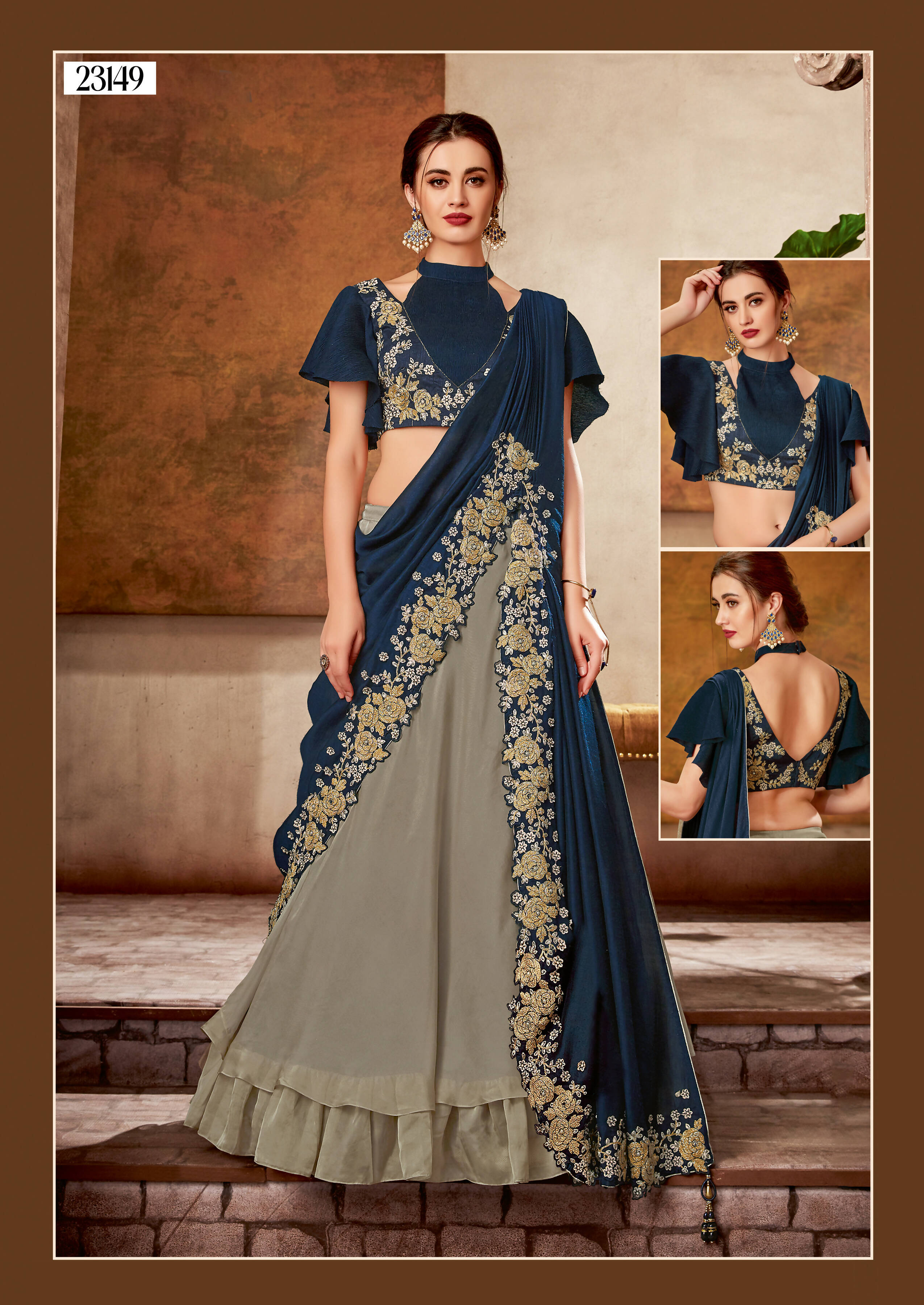 Grey, Blue Dual Tone Silk Georgette Thread, Ribbon Embroidery, Handwork Semi-Stitched Lehenga Saree - Mohmanthan Dezzy | Grocsy