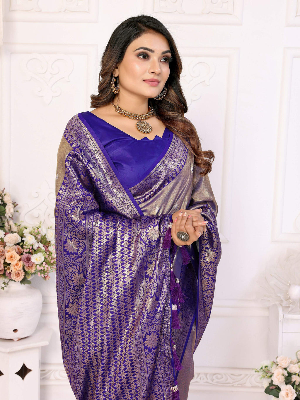 Aastha Fashion Royal Blue Tissue Silk Weaving Saree | Grocsy