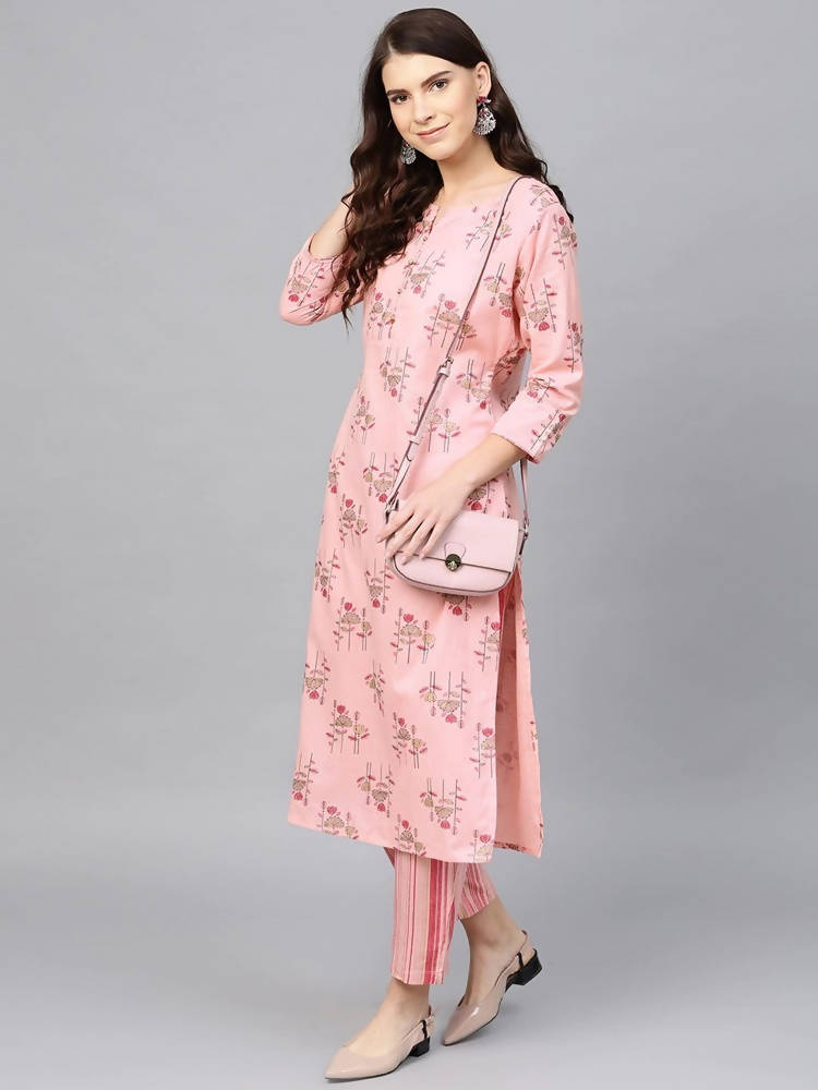 Yufta Pink and golden printed kurta with palazzo | Grocsy