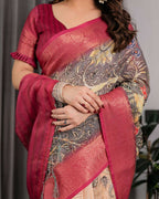 PR Fashion Wine Pure Handloom Linen Saree | Grocsy