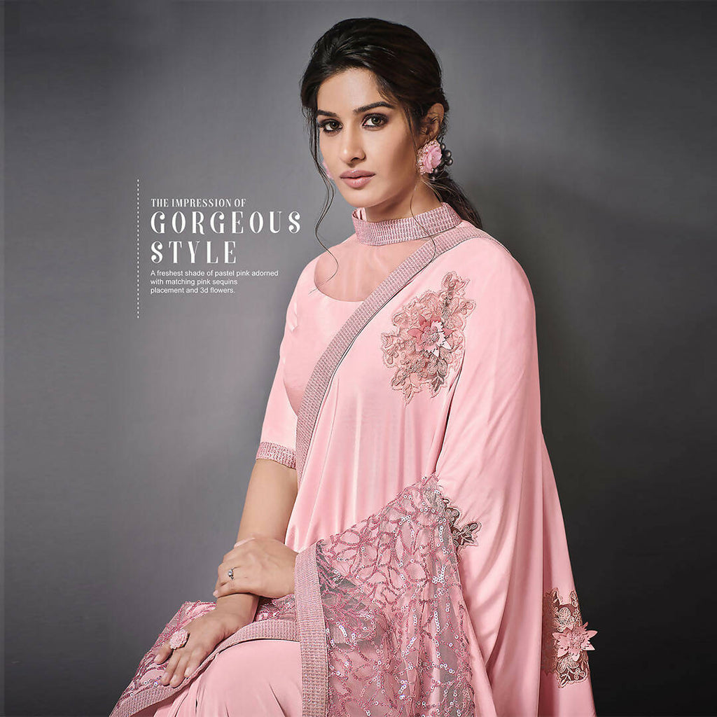 Pink Lycra Raw Silk Sequins Embroidery, Applique Work Saree - Norita Eileen | Grocsy