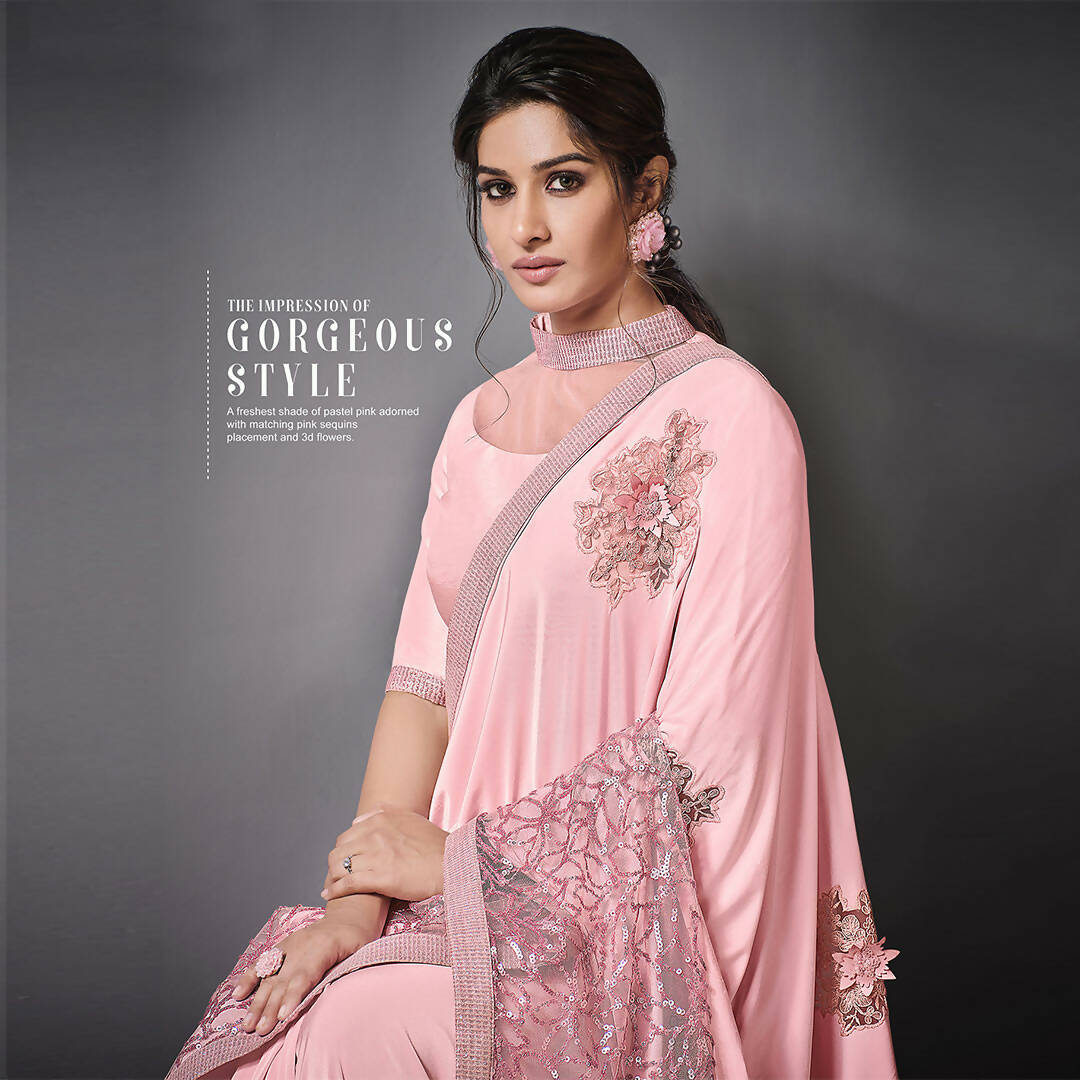 Pink Lycra Raw Silk Sequins Embroidery, Applique Work Saree - Norita Eileen | Grocsy