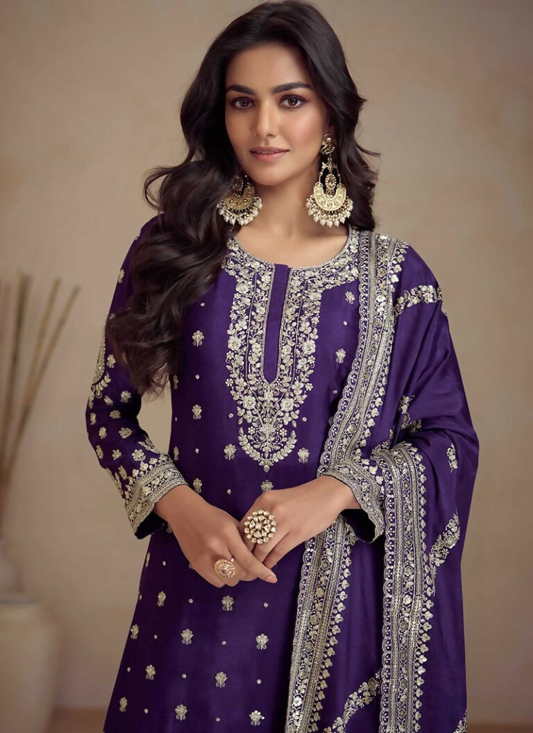 Vastranavya Glamorous Purple Chinon Palazzo Suit With Intricate Sequins Embroidery Work with Dupatta | Grocsy