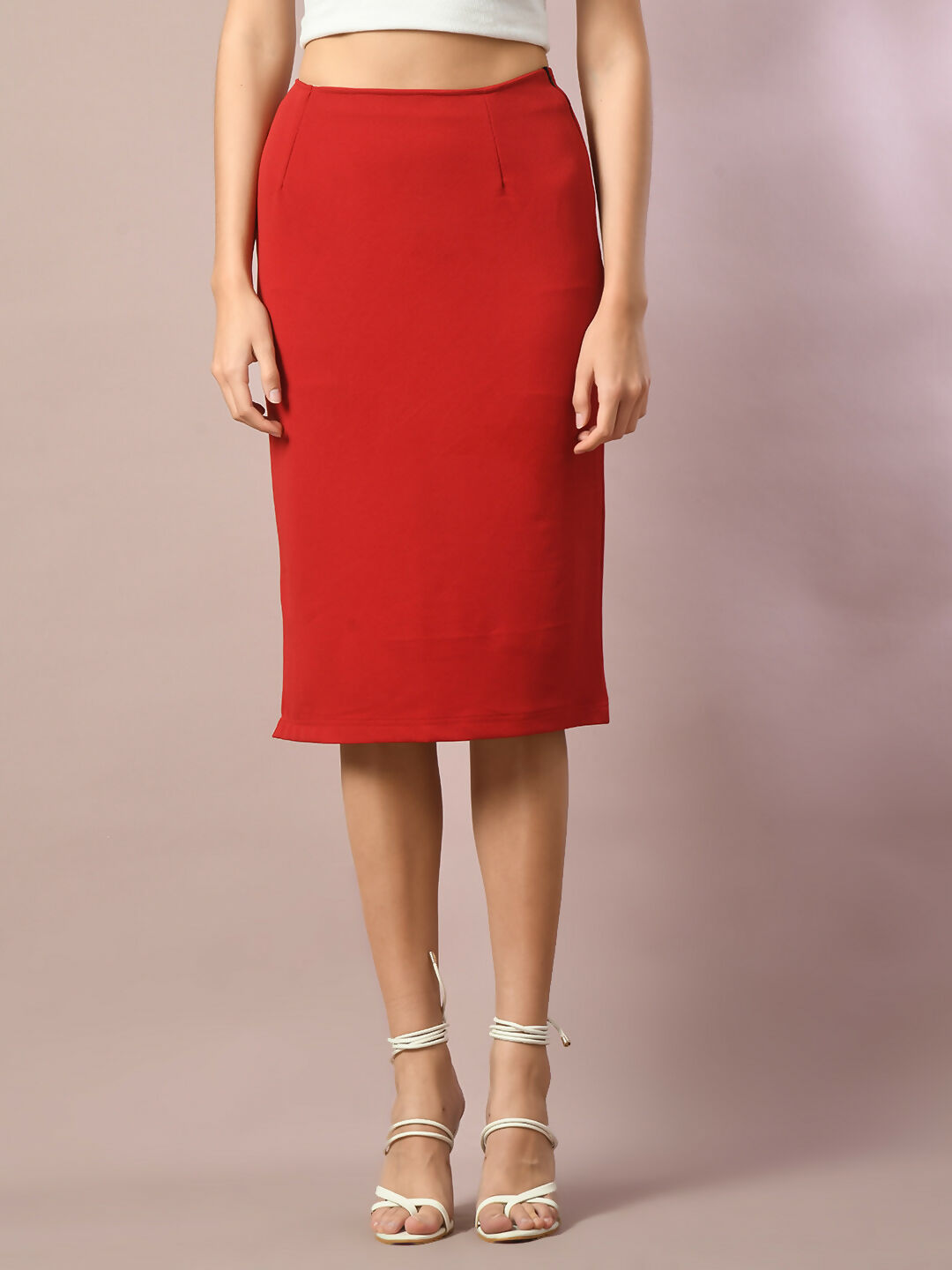 Myshka Women's Red Solid Knee Length Party Embellished Skirts | Grocsy