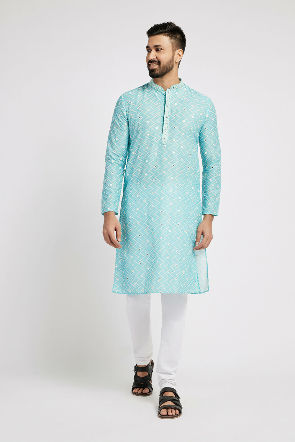 Ethnic India Blue Men's Kurta Embellished Polyester | Grocsy