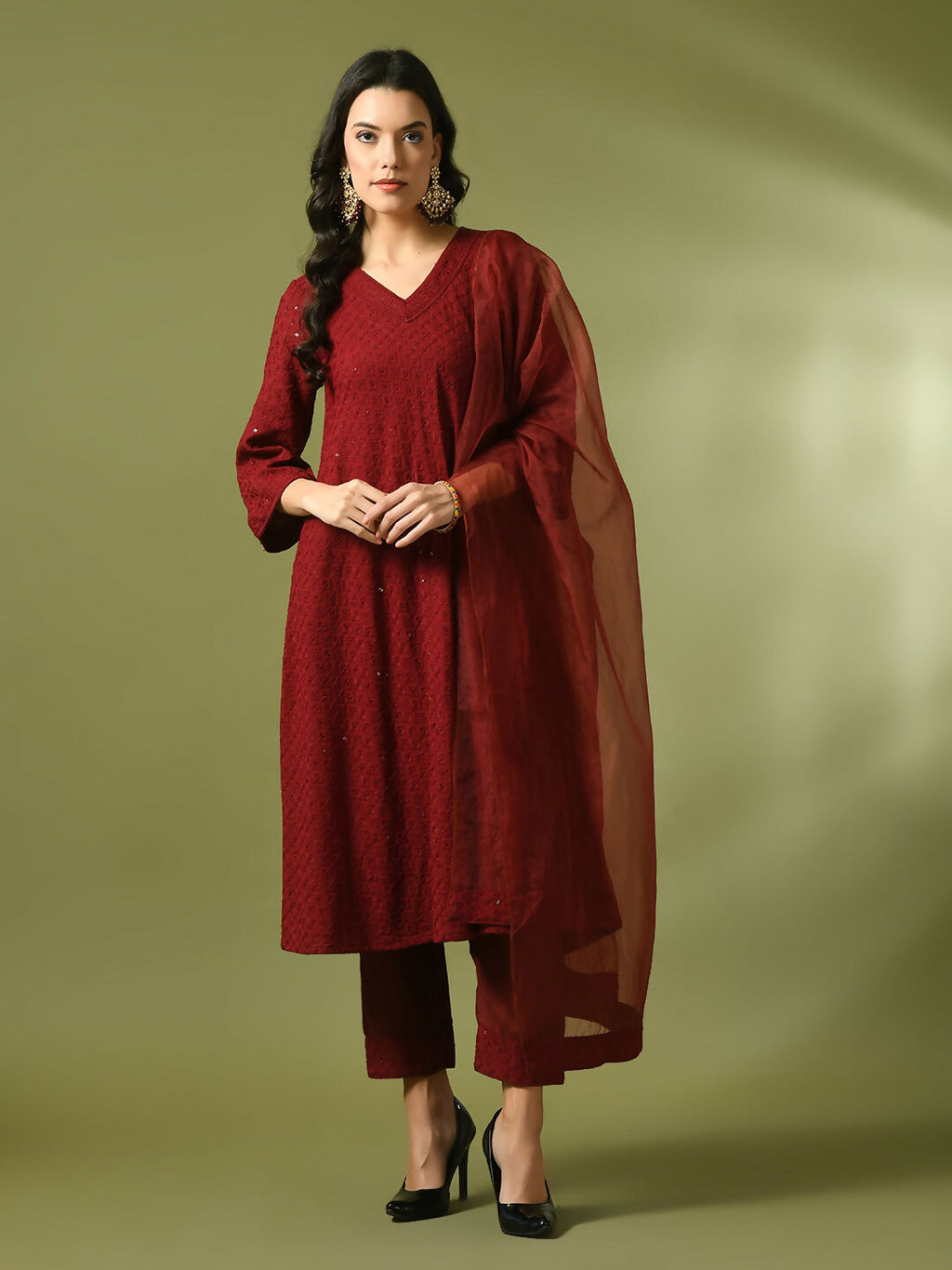 Myshka Women's Maroon Embroidered Cotton A-Line Party Kurta Set With Dupatta | Grocsy