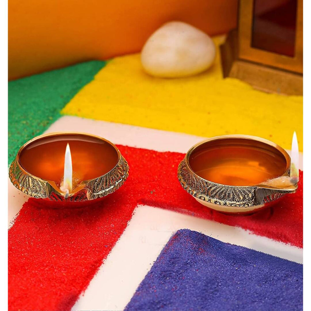 Tied Ribbons Antique 2 Pieces Gold-Toned Textured Brass Diyas | Grocsy