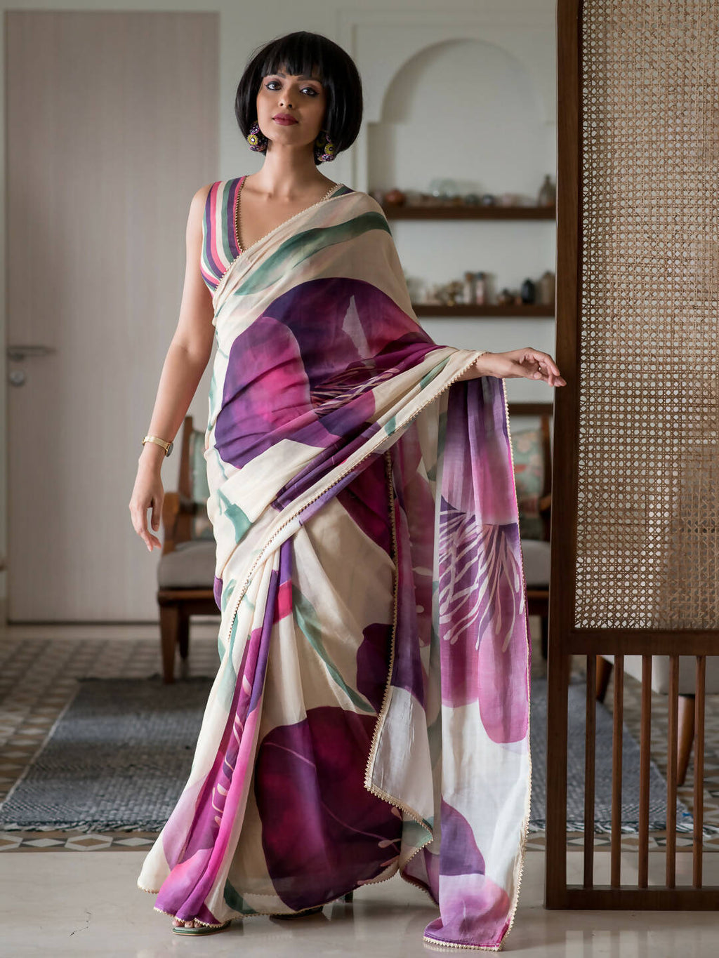 Suta Beige Floral Pure Cotton Saree | Grocsy