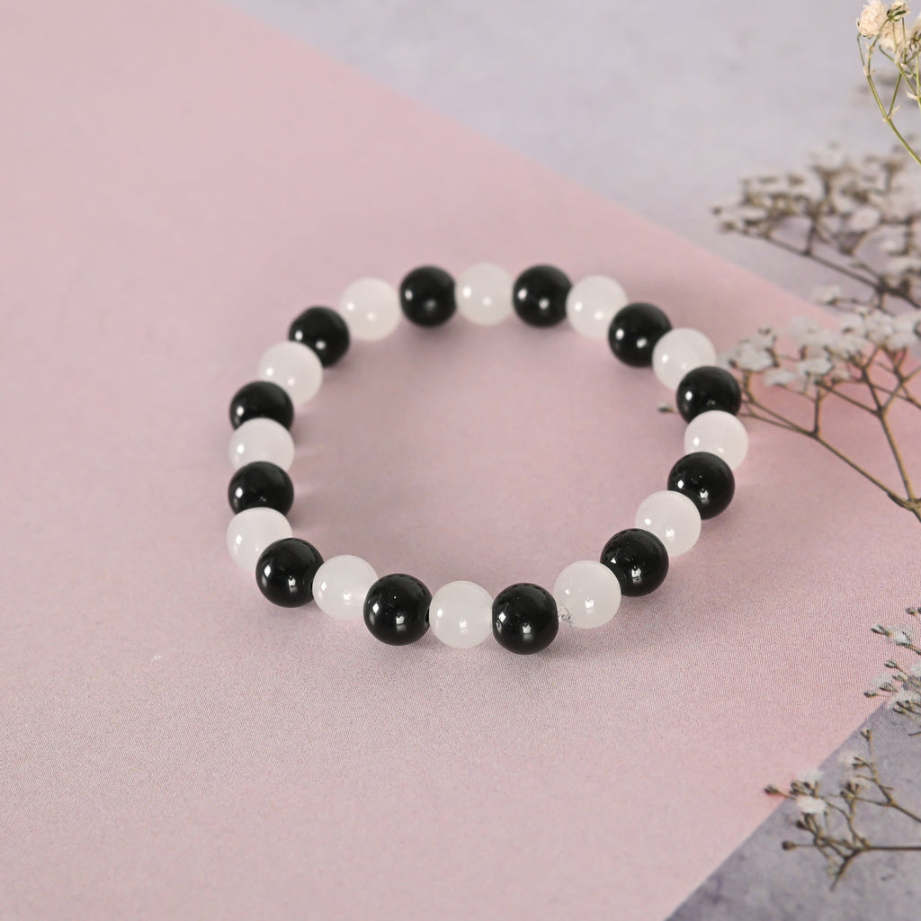 NVR Men & Women White Marble Crystal Beaded Elasticated Bracelet | Grocsy
