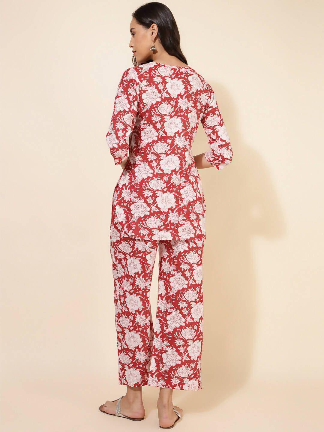Janasya Women's Red Cotton Cambric Floral Printed Casual Straight Top Set | Grocsy