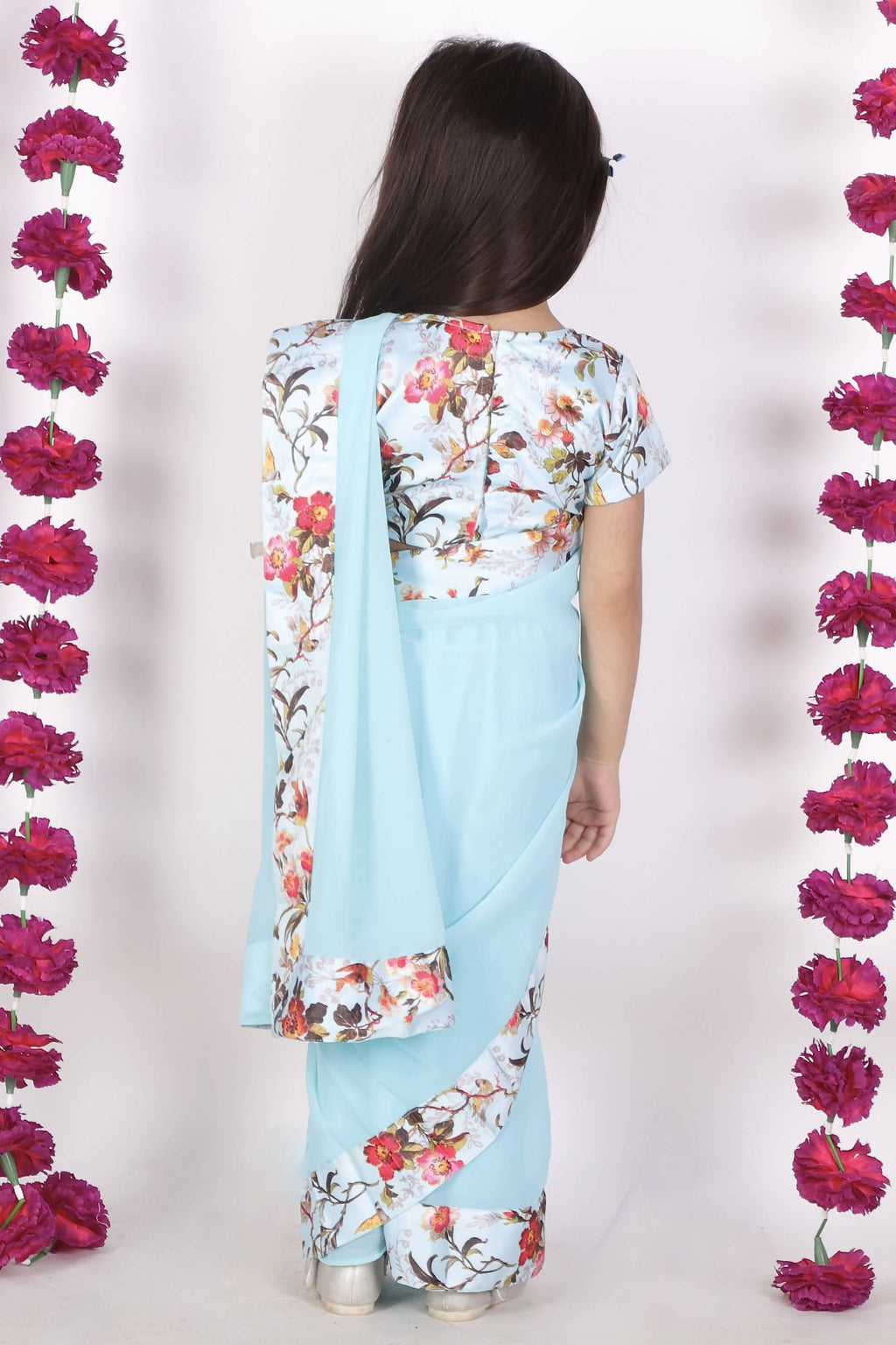 Little Bansi Girls 90's Era Saree with Silk Floral Blouse - Sky Blue | Grocsy