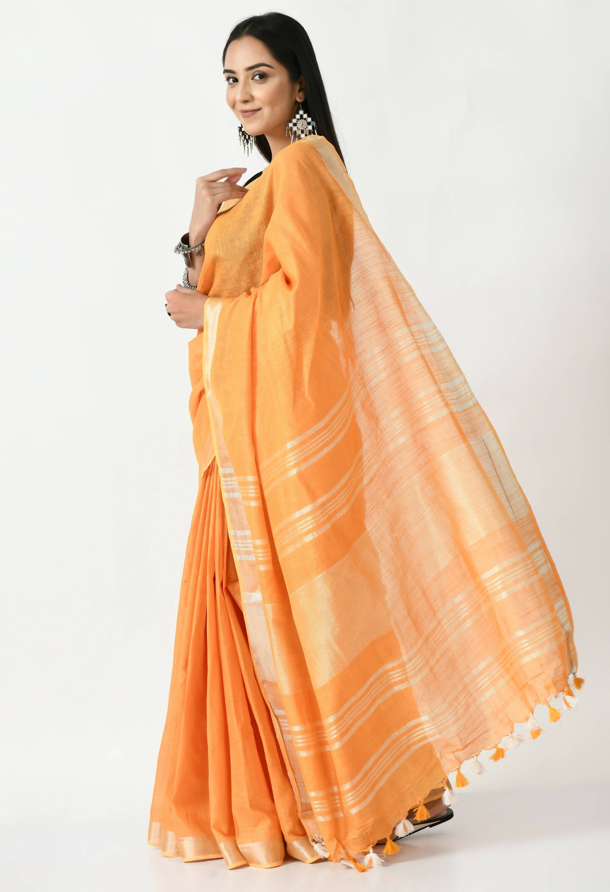 Mominos Fashion Moeza Orange Bhagalpuri Handloom Silk Linen Saree with unstitched Blouse piece | Grocsy