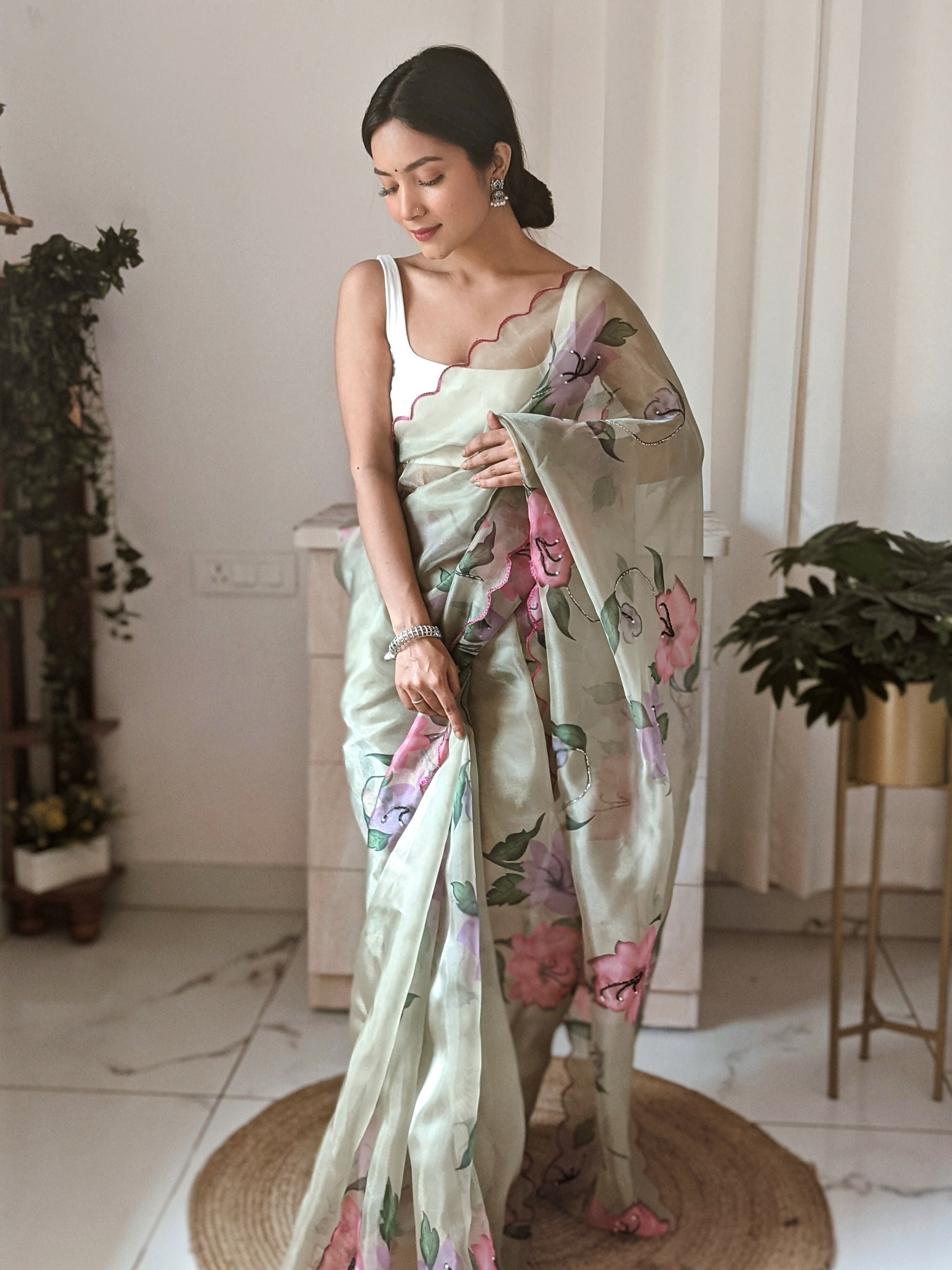 Vamsee Pinki Khatali Green Organza Saree | Grocsy