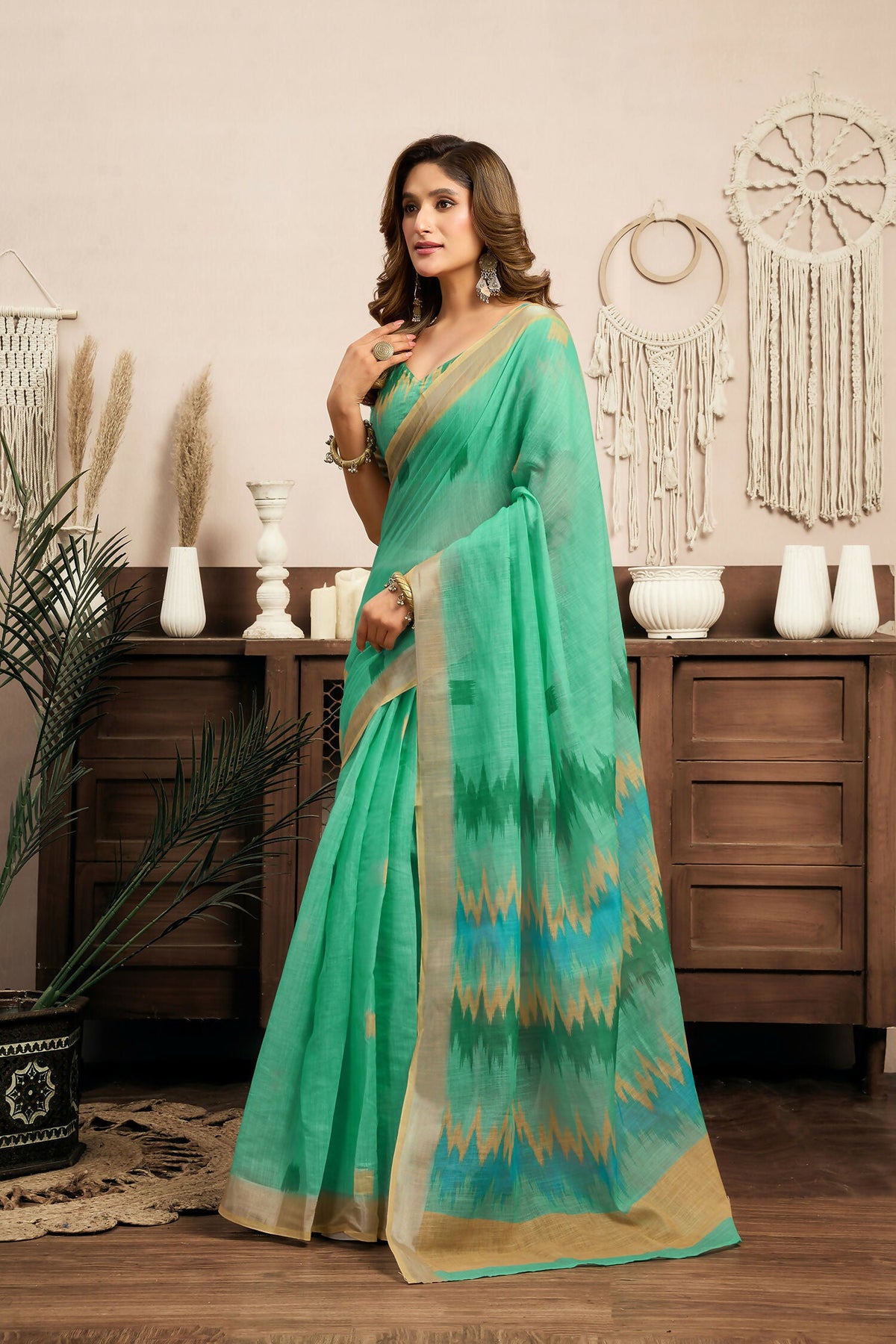 Joban Fashion Teal Green Ikkat Linen Ready To Wear Saree With Unstitched Blouse | Grocsy