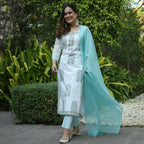 Vamika Poly Rayon Printed White & Sea Green Party Wear/Casual Wear/Office Wear Kurta Set/Suit | Grocsy