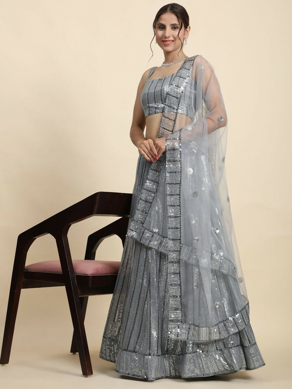 Jyoti Fashion Classy Grey Faux Georgette 3MM & 7MM Sequins Embroidery Lehenga Choli with Dupatta | Grocsy