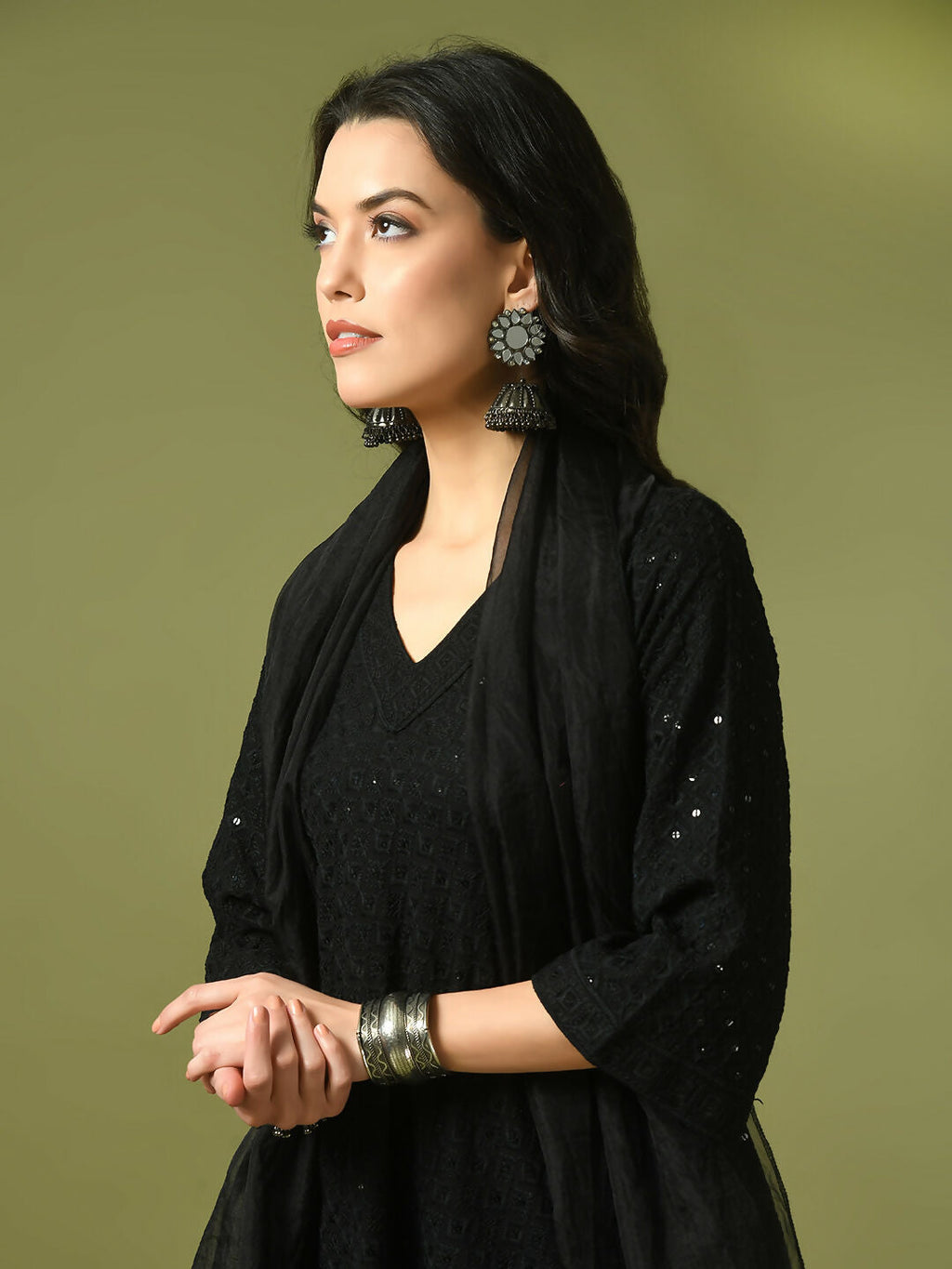 Myshka Women's Black Embroidered Cotton A-Line Party Kurta Set With Dupatta | Grocsy