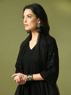 Myshka Women's Black Embroidered Cotton A-Line Party Kurta Set With Dupatta | Grocsy