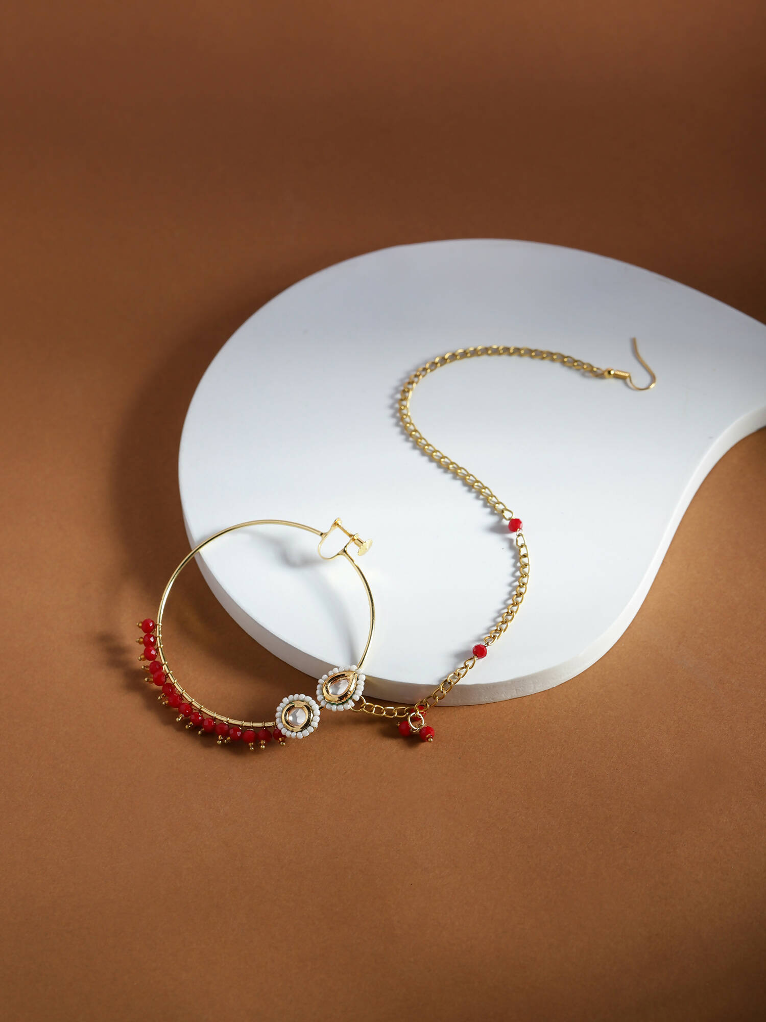 Gold-Polished White Red Kundan-Studded Pearl Beaded Nosepin - Ruby Raang | Grocsy