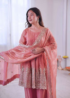 Teeya Creation Peach Color Fendy Satin Silk Embroidery Work Party Wear Salwar Suit | Grocsy