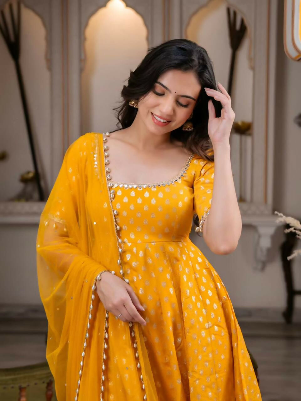 Teeya Creation Mustard Yellow Anarkali Gown With Foil Print Work - Festive Ethnic Wear Set | Grocsy
