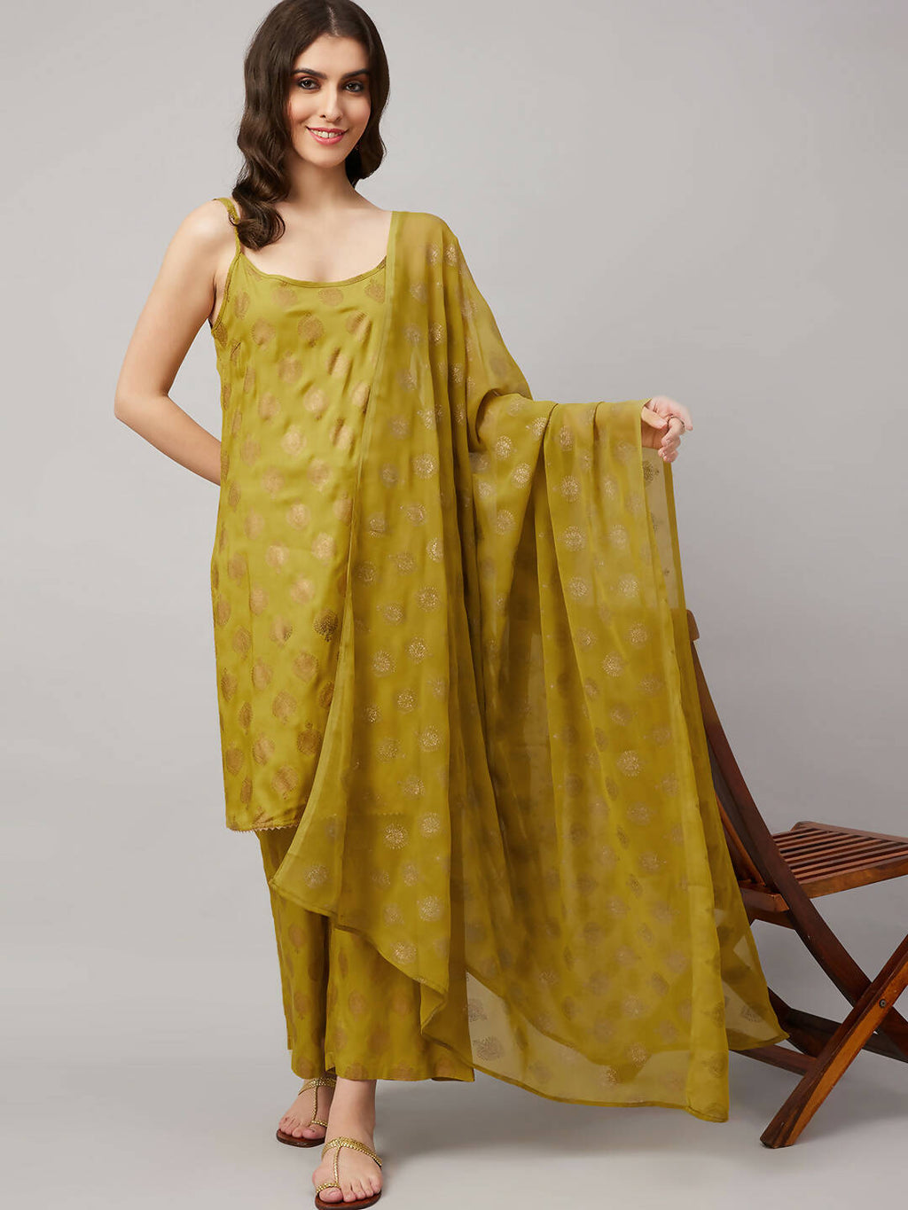 Lime Green & Golden Ethnic Motifs Print Kurta with Palazzo & Dupatta - Vishwa | Grocsy