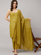 Lime Green & Golden Ethnic Motifs Print Kurta with Palazzo & Dupatta - Vishwa | Grocsy