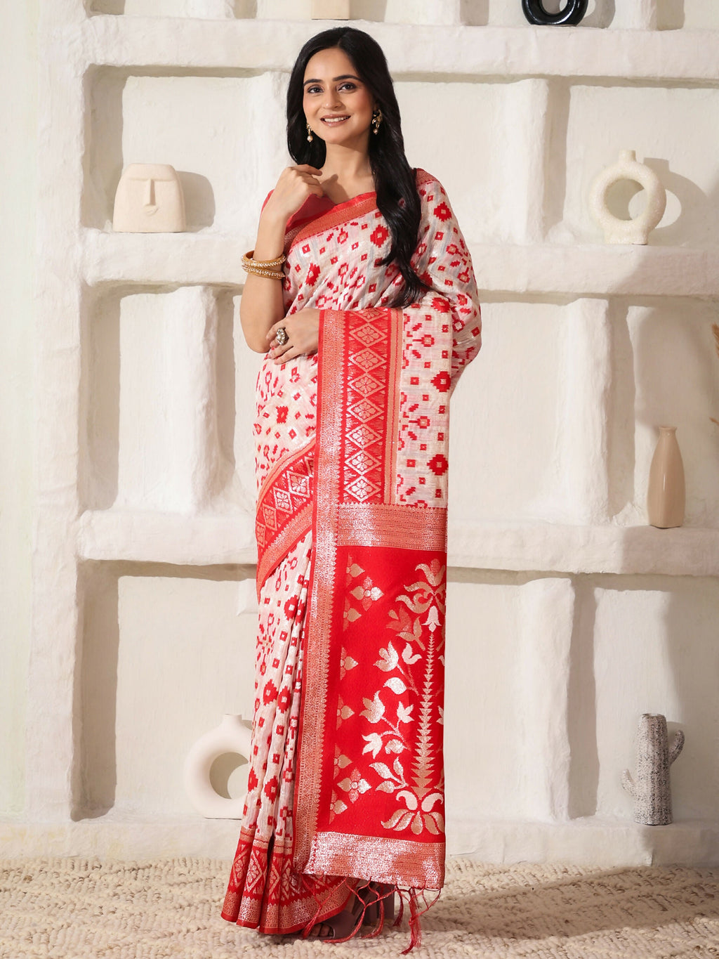 Shree Shyam Fashion Linen Cotton Red & White Saree | Grocsy