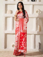 Shree Shyam Fashion Linen Cotton Red & White Saree | Grocsy
