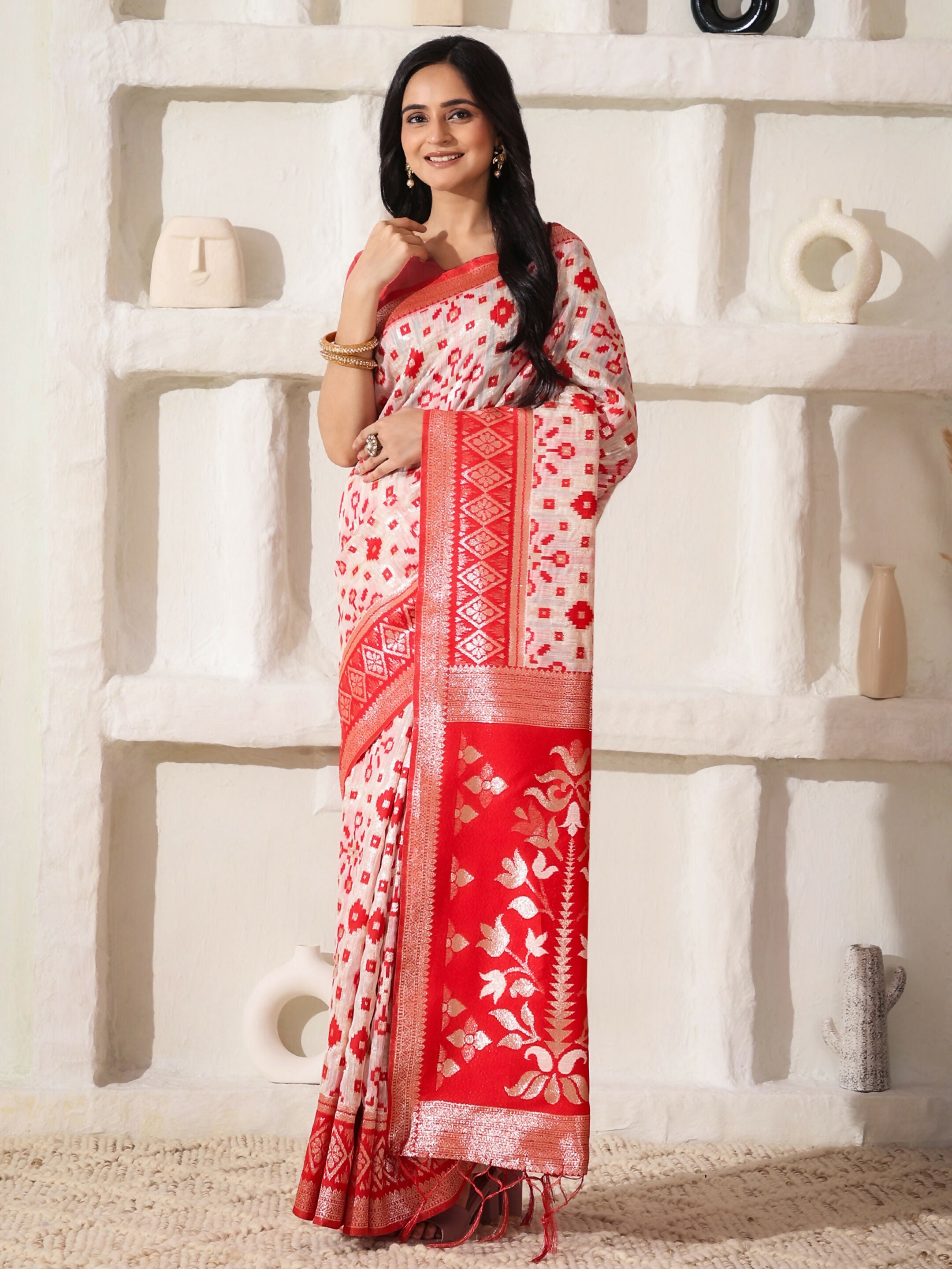 Shree Shyam Fashion Linen Cotton Red & White Saree | Grocsy