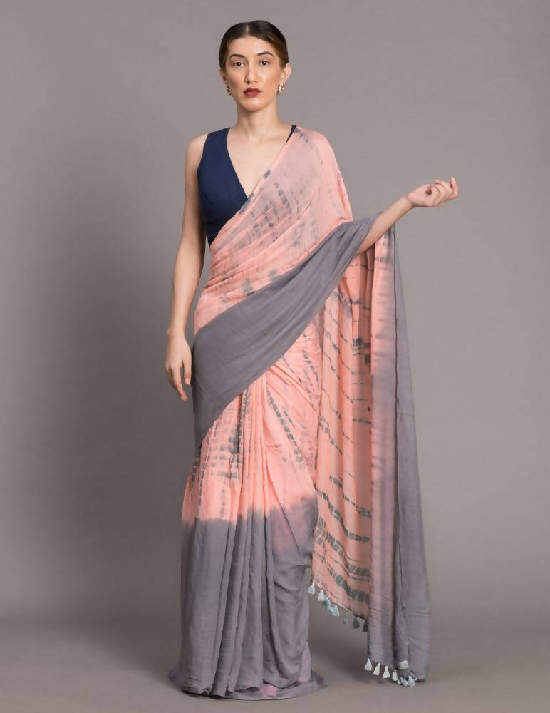 Suta Peach-Coloured Grey Tie Dye Pure Cotton Saree | Grocsy