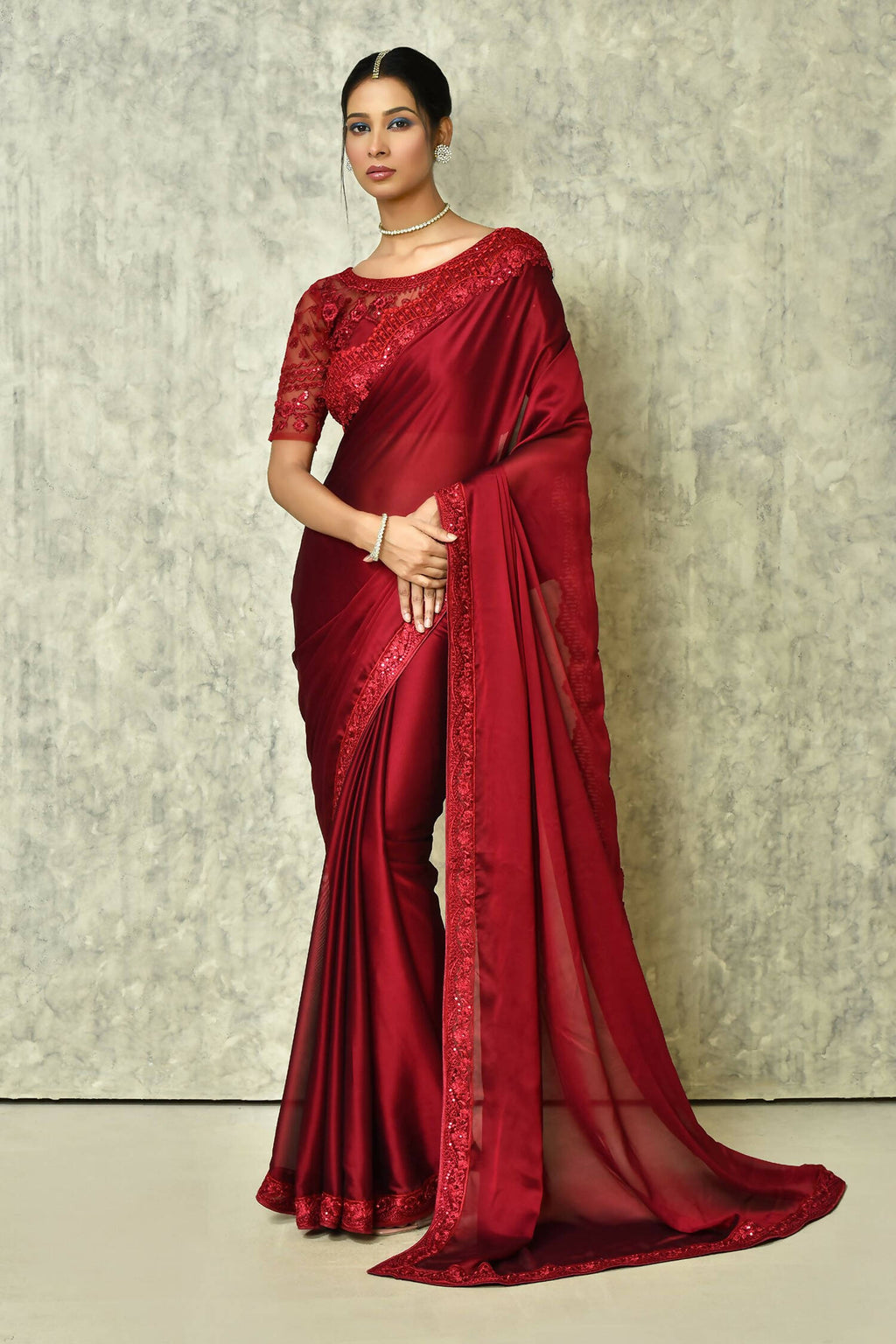 Wine Silk Plain Saree with Blouse Piece - Purvi | Grocsy