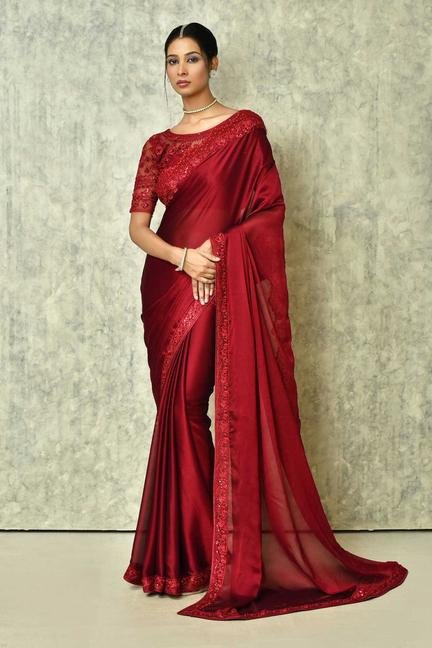 Wine Silk Plain Saree with Blouse Piece - Purvi | Grocsy