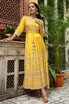 Juniper Women's Mustard Viscose Shantoon Festive Printed Flared Dress | Grocsy