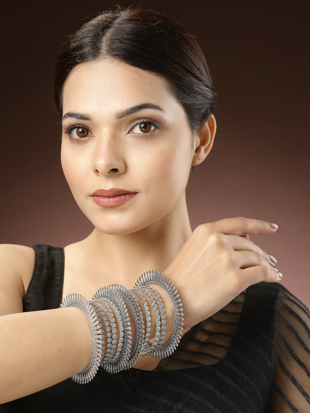 NVR Women's Set of 6 Silver-Toned German Silver Oxidised Bangles | Grocsy