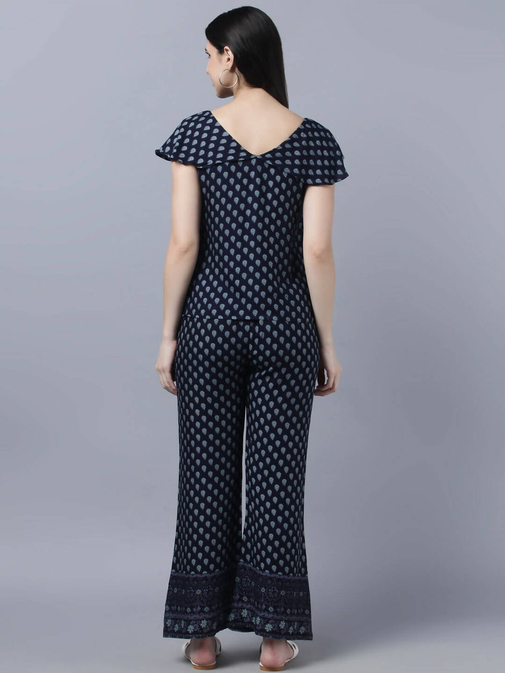 Myshka Women Navy Blue Ethnic Motifs Printed Pure Cotton Top with Palazzos | Grocsy