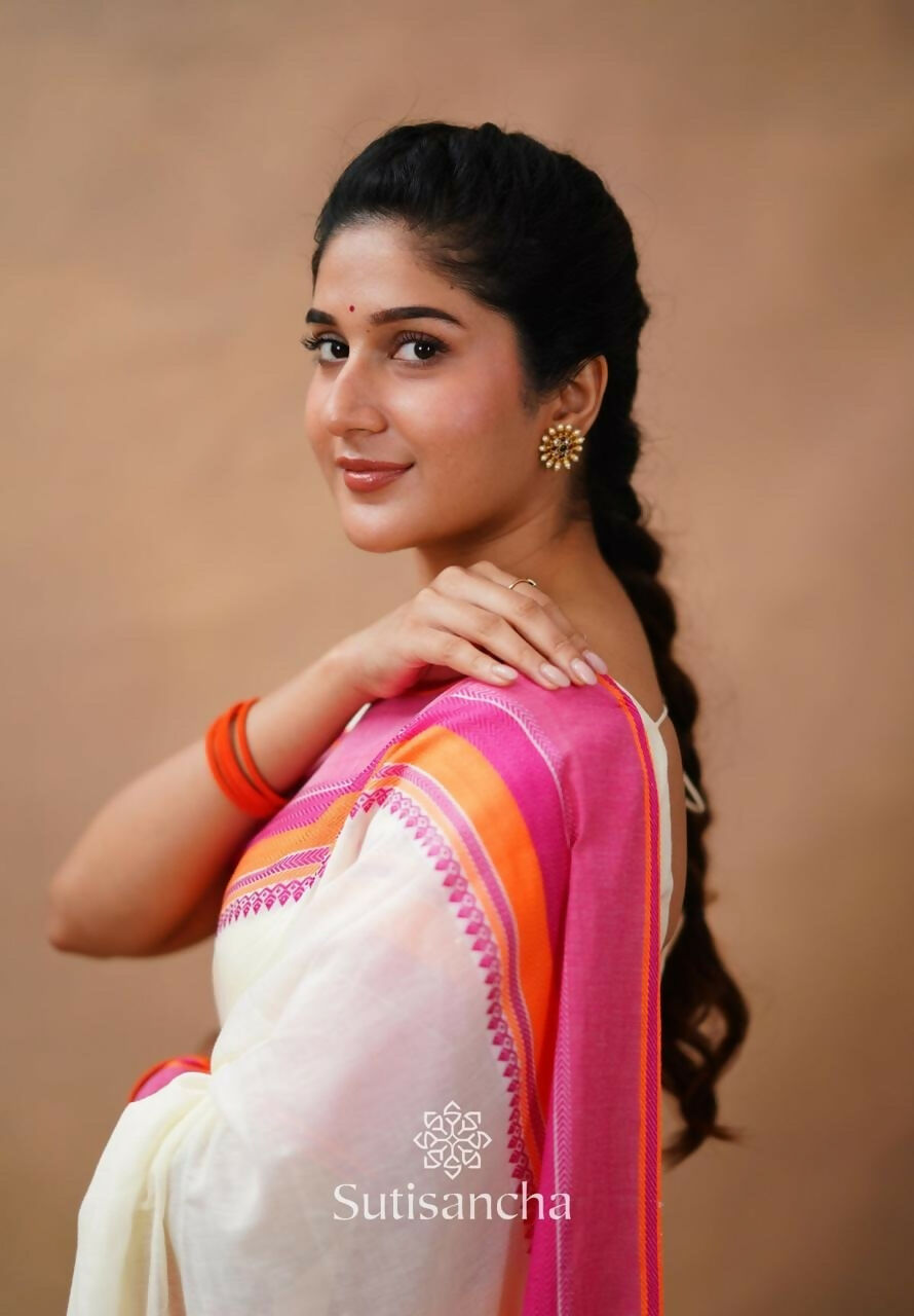 Exclusive Collection Off White Beautiful Khadi Cotton Handloom Saree | Grocsy